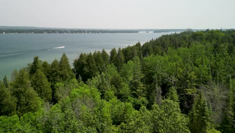 Aerial-ascent-over-forested-trees-reveal-of-water-and-boat,-Lake-Huron,-Michigan