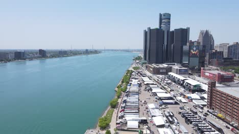 Paddock-area-of-Indycar-race-event-in-downtown-Detroit,-aerial-view