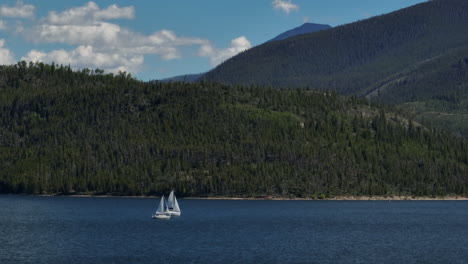 Aerial-cinematic-drone-zoom-two-sailboats-sailing-Lake-Dillon-Colorado-Swam-mountain-summer-blue-sky-beautiful-daytime-Frisco-Silverthorne-Reservoir-marina-Breckenridge-Keystone-still-movement