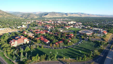 Aerial-View-of-University-of-Boulder-College-campus-in-Boulder,-Colorado,-USA-on-a-summer-morning