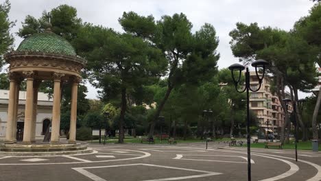 Old-gazebo-in-Villa-Comunale-Giuseppe-Garibaldi-park-in-Lecce,-Italy-with-panning-motion