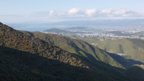 Panning-shot-of-Wellington-city-as-seen-from-Hawkins-Hill,-New-Zealand