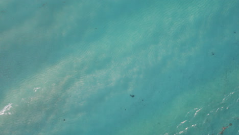 Aerial-Top-down-shot-of-rolling-waves-in-a-crystal-clear-blue-ocean-in-Cancun,-Mexico