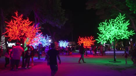 Gente-Caminando-Disfrutando-De-Las-Luces-De-Navidad-En-Las-Marianas,-Saipan,-Estados-Unidos.