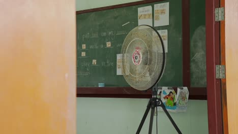 An-old-fan-is-blowing-in-a-retro-classroom-with-a-green-school-board