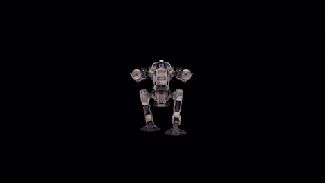 3D-Modell-Des-Roboters,-Futuristische-Maschinen-Rendering-Animation-Des-Kriegers,-Manipulierte-Skelettstruktur,-Gehen-–-Vorderansicht,-Overlay-Mit-Alpha-Matte-Kanal-Option,-Science-Fiction-Konzept