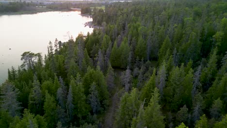 Aerial-pan-up-to-lake-sunset-over-forest,-Michigan