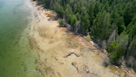 Aerial-orbit-and-pan-of-shallow-beach-lane-on-forested-island,-Lake-Huron,-Michigan