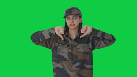 Disappointed-Indian-woman-army-officer-showing-thumbs-down-Green-screen