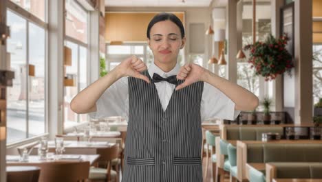 Disappointed-Indian-woman-waiter-showing-thumbs-down-to-customer