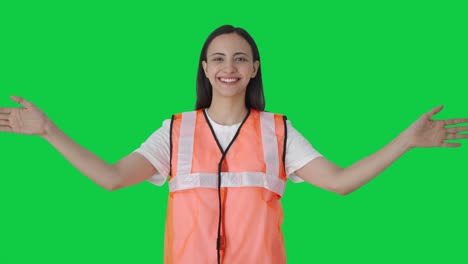 Happy-Indian-airport-staff-girl-worker-working-on-duty-Green-screen