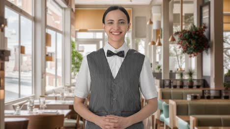 Happy-Indian-woman-waiter-smiling-and-looking