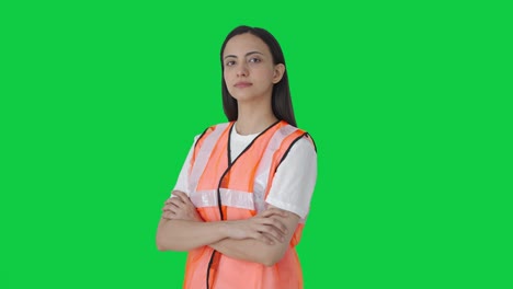 Portrait-of-airport-ground-girl-staff-Green-screen