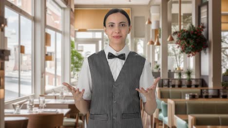 Happy-Indian-woman-waiter-talking-to-the-customer