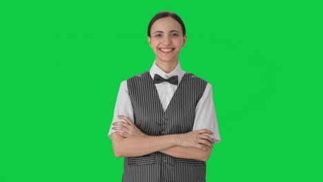 Portrait-of-Happy-Indian-woman-waiter-Green-screen