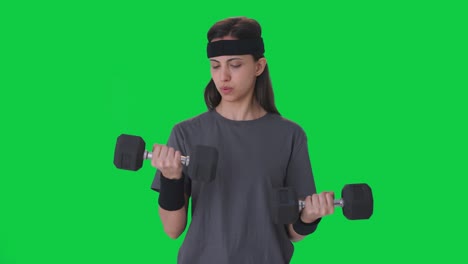 Indian-woman-lifting-heavy-dumbbells-weight-Green-Screen
