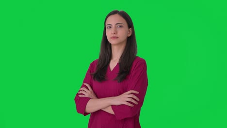Portrait-of-Indian-woman-standing-crossed-hands-Green-screen