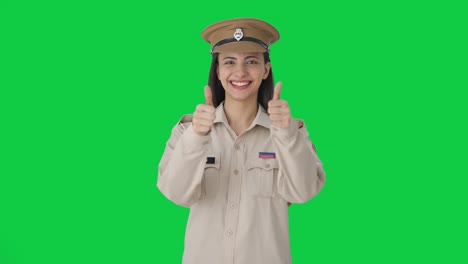 Happy-Indian-female-police-officer-doing-Thumbs-up-Green-screen