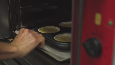 Chef-putting-muffin-tray-with-dough-into-oven