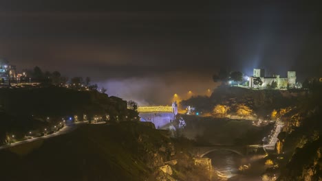 Scenic-landscape-of-illuminated-fortress-in-mountains-at-night