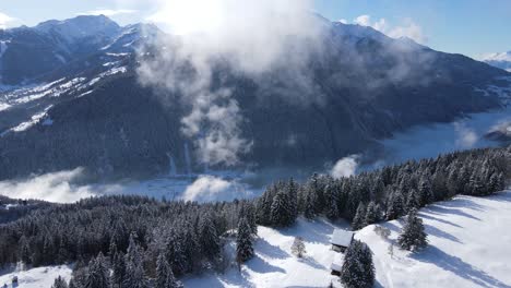 Malerische-Alpenlandschaft-Mit-Nadelwäldern,-Die-Am-Schneebedeckten-Berghang-Wachsen