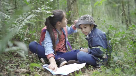 Ethnische-Kinder-Reden,-Während-Sie-Pflanzen-Im-Wald-Studieren
