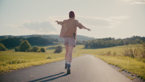 Carefree-Woman-Running-On-Road-Near-Meadow