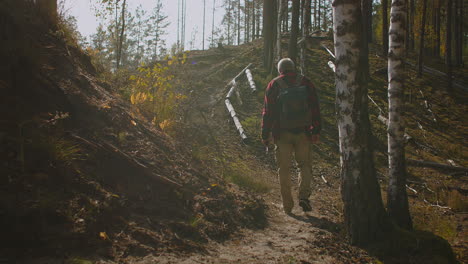 calm-walk-of-fisherman-in-forest-at-sunny-morning-man-with-rod-and-backpack-is-walking-slowly-between-trees