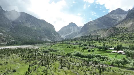 Aerial-Establishing-Shot-Of-Basho-Valley-In-Skardu-On-Clear-Day-With-Mountains-In-Background