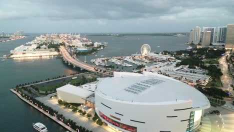 Miami-downtown-aerial-view-looking-at-south-beach-with-Kasey-arena-and-modern-scenic-building-illuminated-at-night