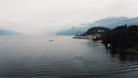 Cloudy-drone-shot-of-Lake-Como-in-Italy's-rural-mountain-region