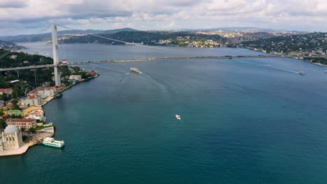 Wunder-Aus-Der-Luft:-Istanbuls-Berühmte-Brücken-überspannen-Kontinente,-Während-Boote-Durch-Das-Schimmernde-Wasser-Des-Bosporus-Navigieren