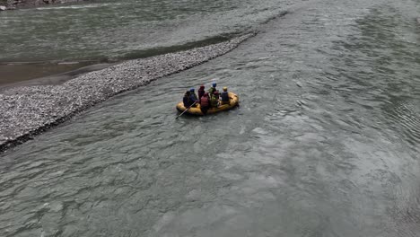 Aerial-View-Of-Adventure-Thrill-Seekers-Rafting-Along-Kunhar-River-In-Naran