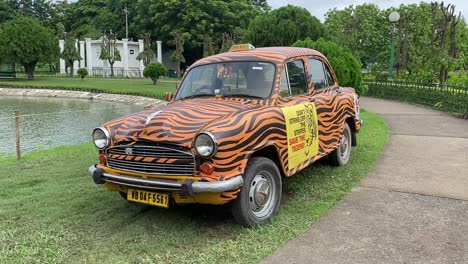 Primer-Plano-De-Un-Taxi-Amarillo-Con-Rayas-Negras-Para-La-Conservación-Del-Tigre-Estacionado-A-Lo-Largo-De-La-Orilla-Del-Lago-En-Un-Día-Nublado