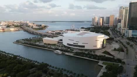 Miami-downtown-aerial-view-looking-at-south-beach-with-Kasey-arena-and-modern-scenic-building-and-traffic-car-road