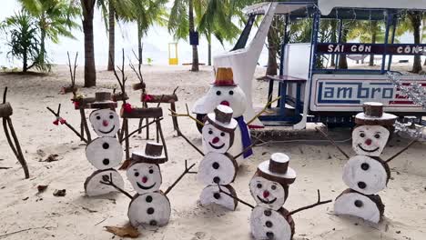 Christmas-snowmen-standing-on-the-beach-under-palm-trees