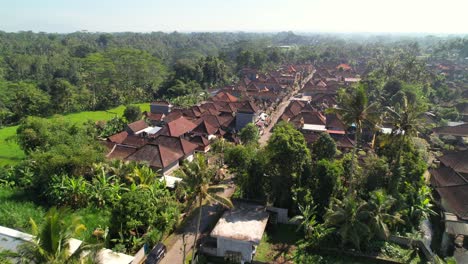 Balinese-Village-with-Tightly-Built-Houses-in-Bangli-Regency-of-East-Bali-Indonesia,-Aerial-view