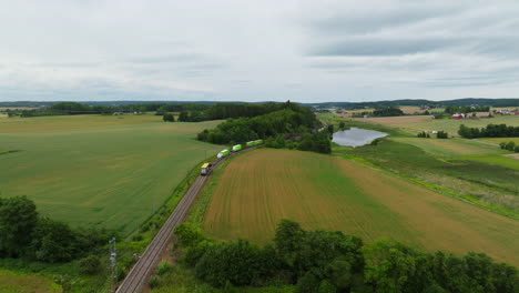 Train-is-passing-on-railway-in-fields