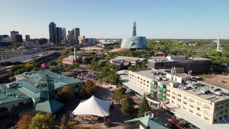 Panoramic-aerial-of-The-Forks-and-downtown-Winnipeg-with-iconic-buildings,-30p,-4K