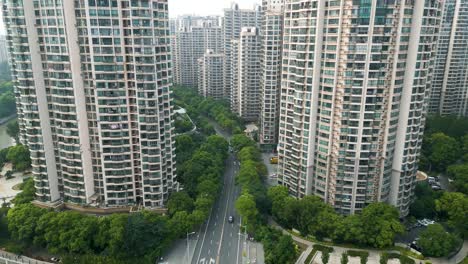 Aerial-shot-of-the-Putuo-Residential-district-in-downtown-Shanghai,-China