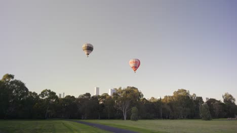 Heißluftballons-Fliegen-über-Einen-Park-In-Der-Stadt
