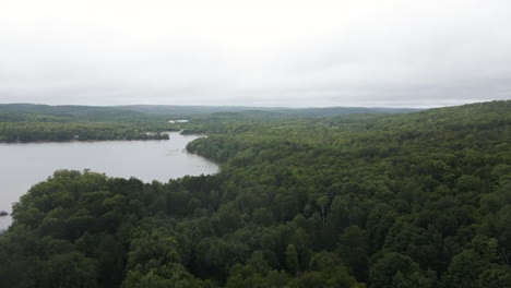 Aerial-dolly,-lake-shore-bends-curving-waterway-along-dense-forest-canopy-in-canada