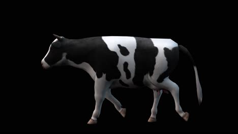 Eine-Kuh,-Die-Auf-Schwarzem-Hintergrund-Läuft,-Mit-Alphakanal-Am-Ende-Des-Videos,-3D-Animation,-Seitenansicht,-Animierte-Tiere,-Nahtlose-Schleifenanimation