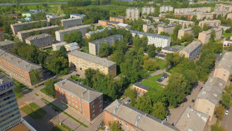 Aerial-view-of-Daugavpils-traditional-housing-block-surrounded-by-nature,-Latvia