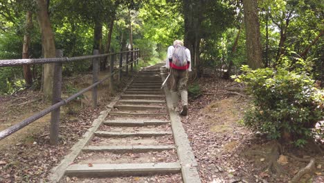 Ein-älterer-Japanischer-Mann-Besteigt-Den-Daimonji-Berg-In-Kyoto,-Japan,-Mit-Trekkingausrüstung