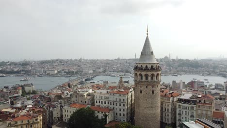aeriel-view-of-historic-galata-tower-in-beyoglu-istanbul-with-bosphorus-sea,-mosques,-galata-bridge-and-istanbul-silhouette-cityview-in-the-background-behind