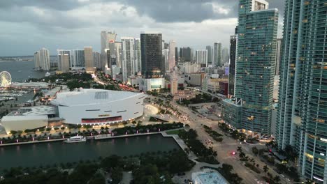 Miami-downtown-aerial-view-looking-at-south-beach-with-Kasey-arena-and-modern-scenic-building