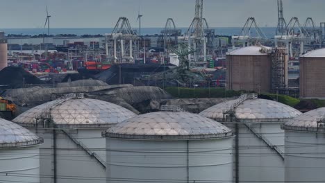 Large-liquid-storage-tanks-at-port-of-Maasvlakte,-Netherlands