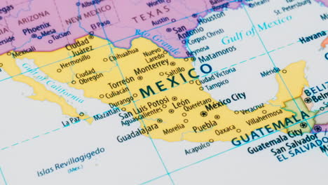Close-up-of-the-country-word-Mexico-on-a-world-map-with-the-detailed-name-of-the-capital-city