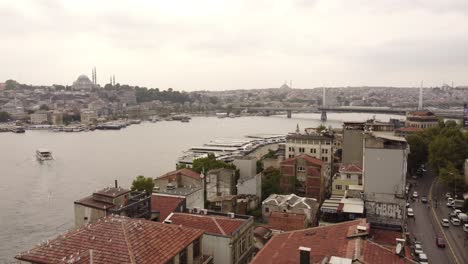 Aerial-drone-video-of-istanbul-bosphorus-sea-with-bridge-and-city-view-in-the-background